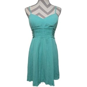 ​Candie’s Teal Aqua Ruched Waist Mini Dress Smocked Back Boho Summer L